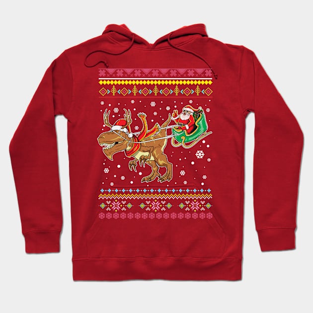 Santa Claus T Rex Reindeer Sleigh Ugly Christmas Sweater Pattern Hoodie by E